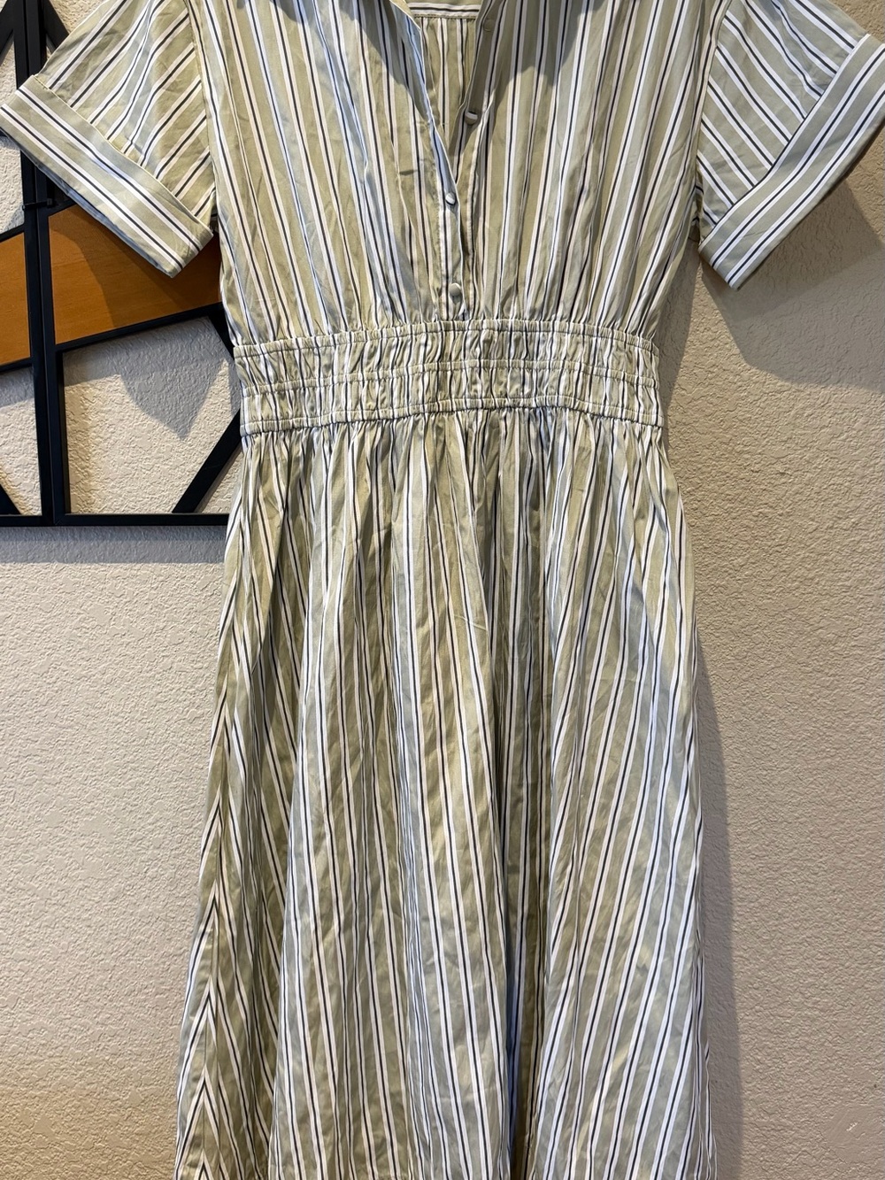 Olive Green Striped Short-Sleeve Midi Dress with Shirred Waist